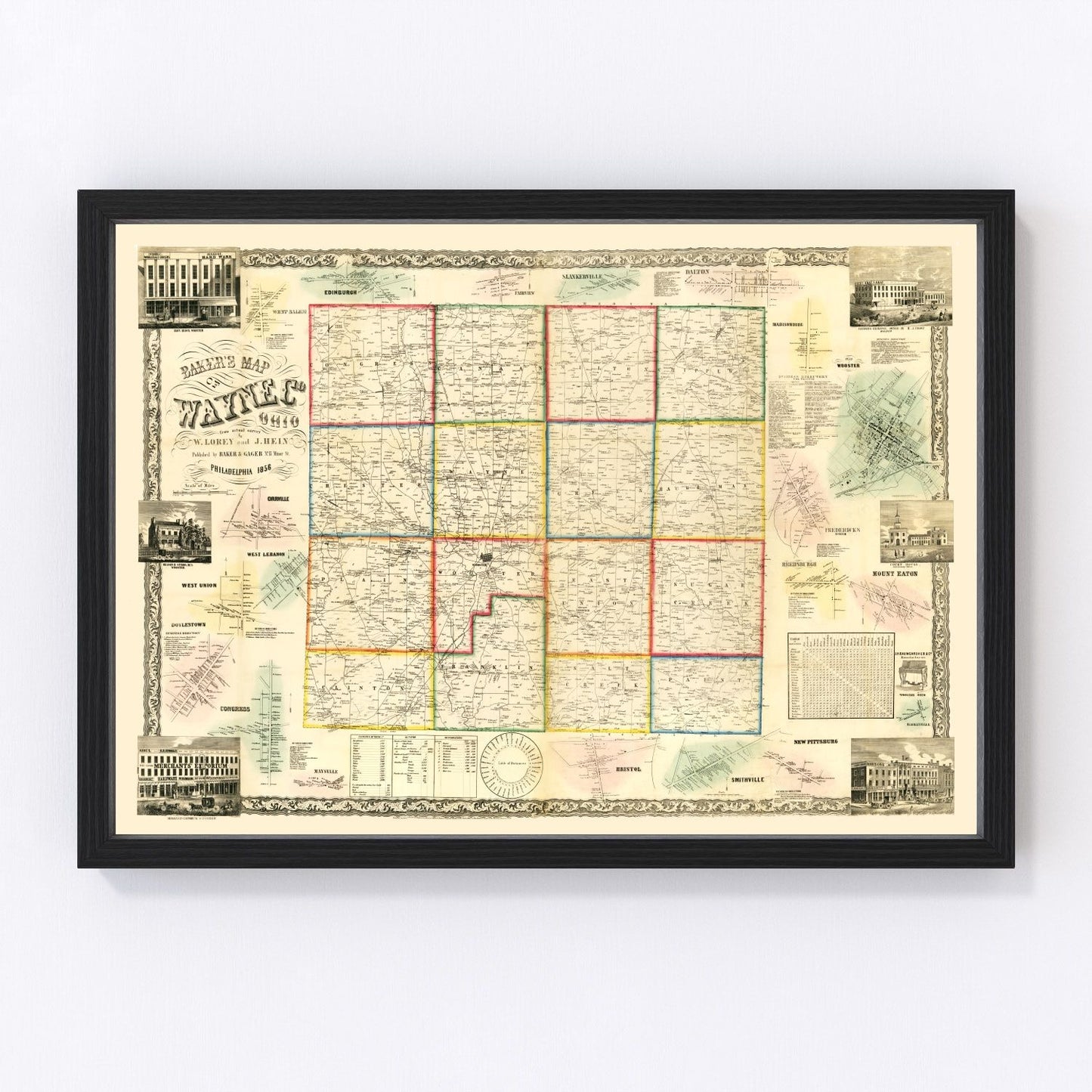 Vintage map of Wayne County, Ohio, 1856 - Wooster area restored cartographic print