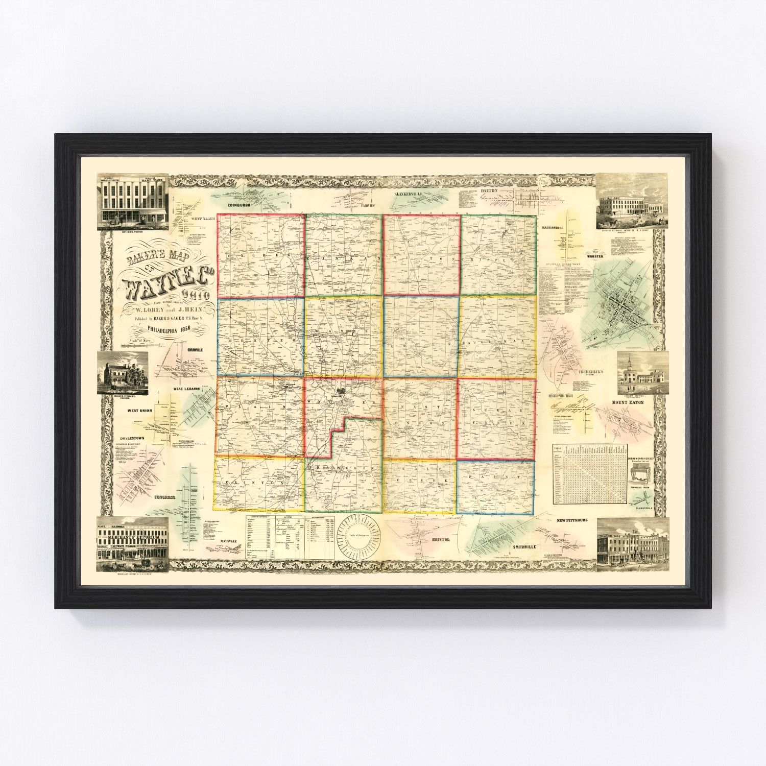 Vintage map of Wayne County, Ohio, 1856 - Wooster area restored cartographic print