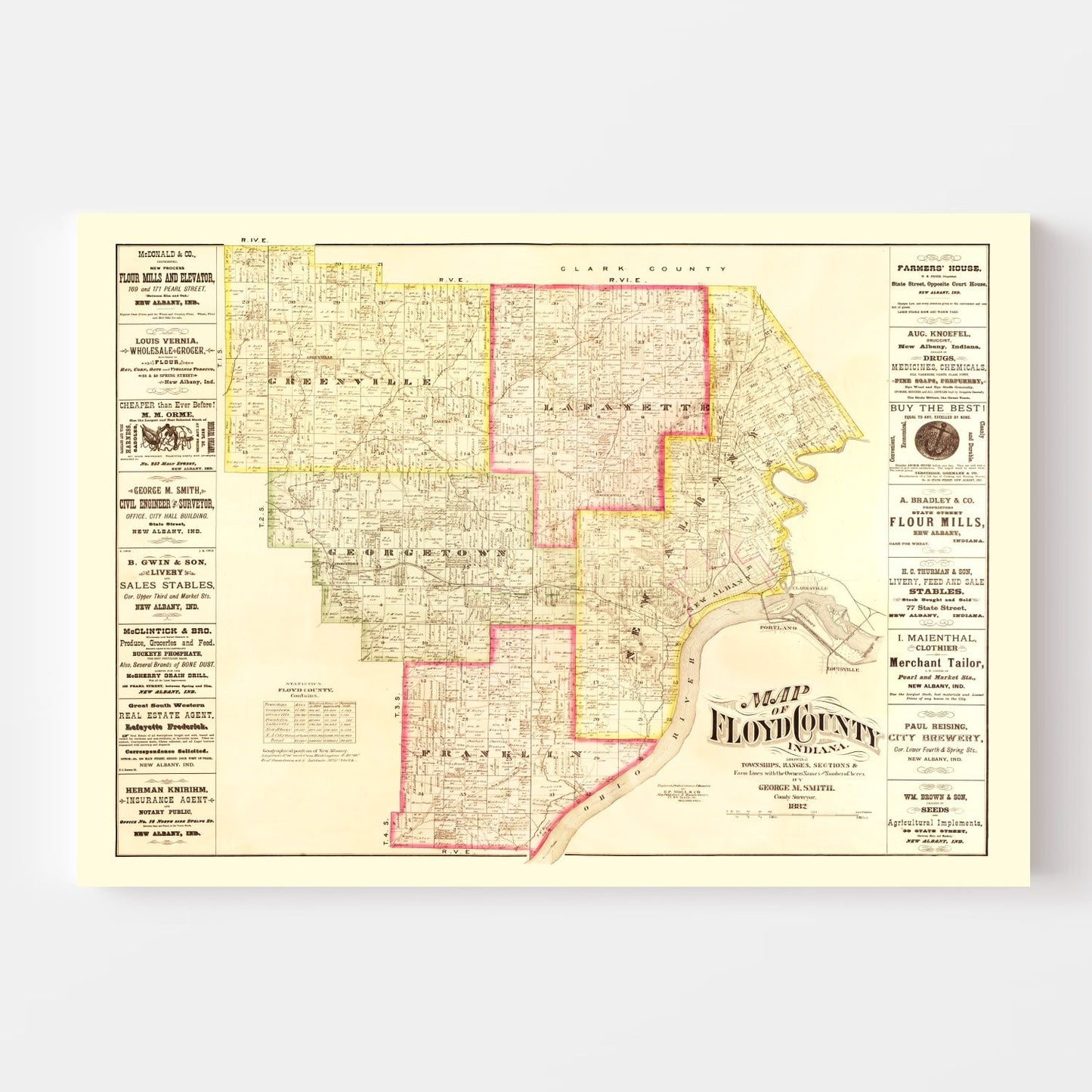 Vintage Map of Floyd County, Indiana, 1882