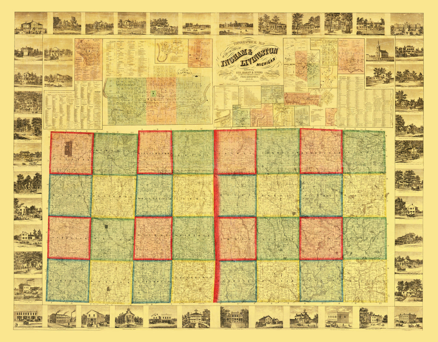 Vintage Map of Ingham County, Michigan, 1859