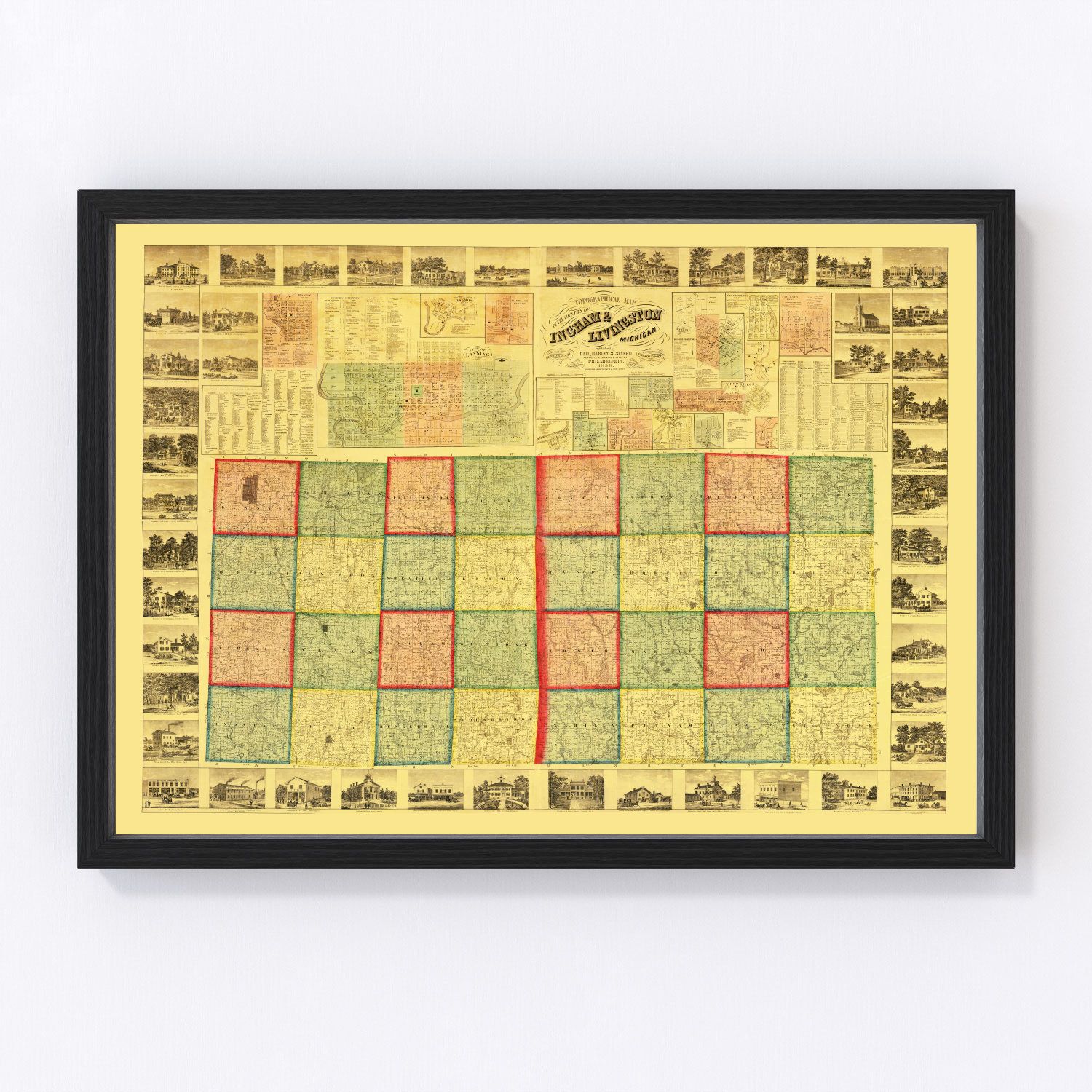 vintage map of Ingham County, Michigan, Lansing area, 1859