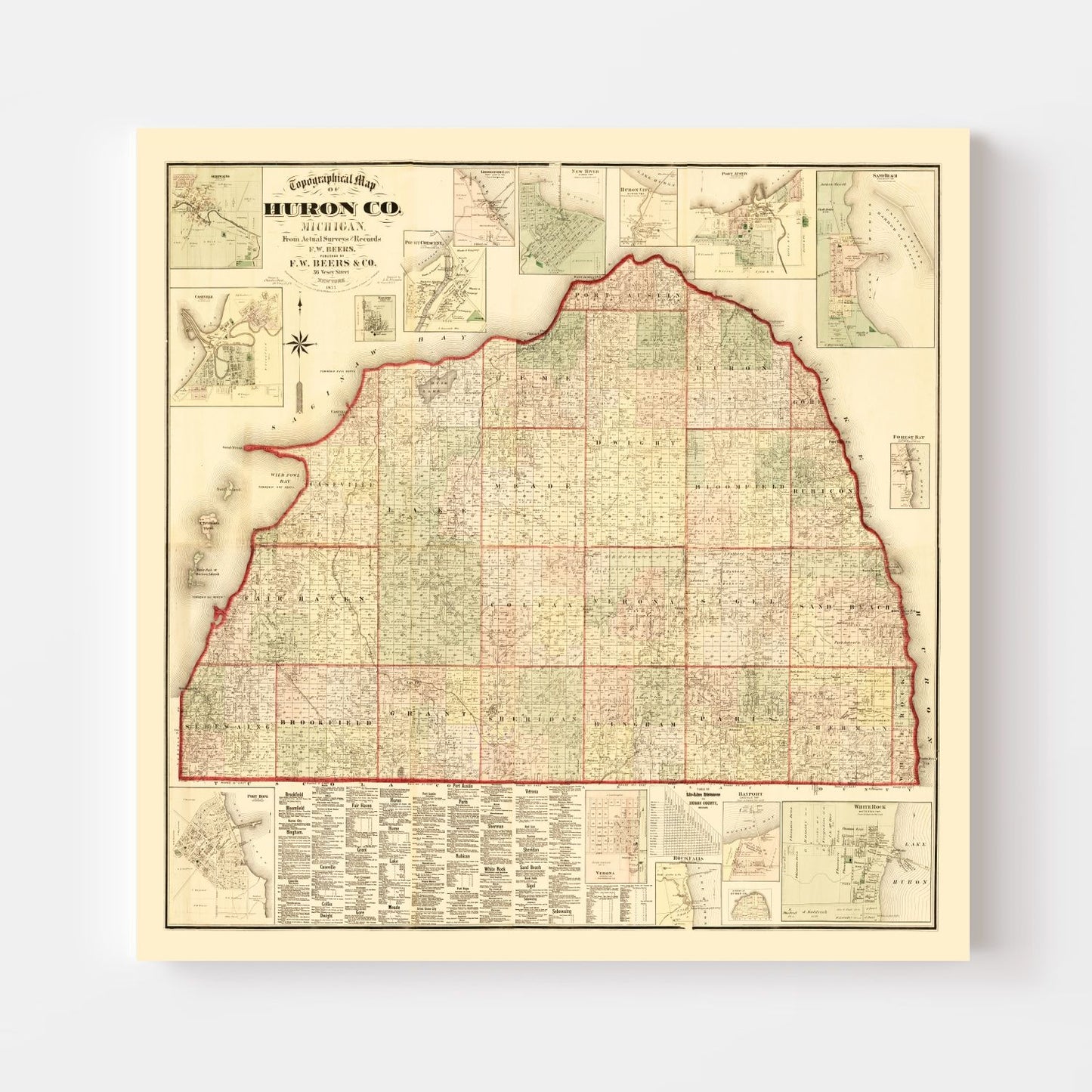Vintage Map of Huron County, Michigan, 1875