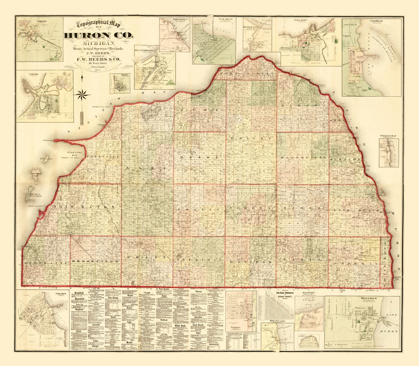 Vintage Map of Huron County, Michigan, 1875