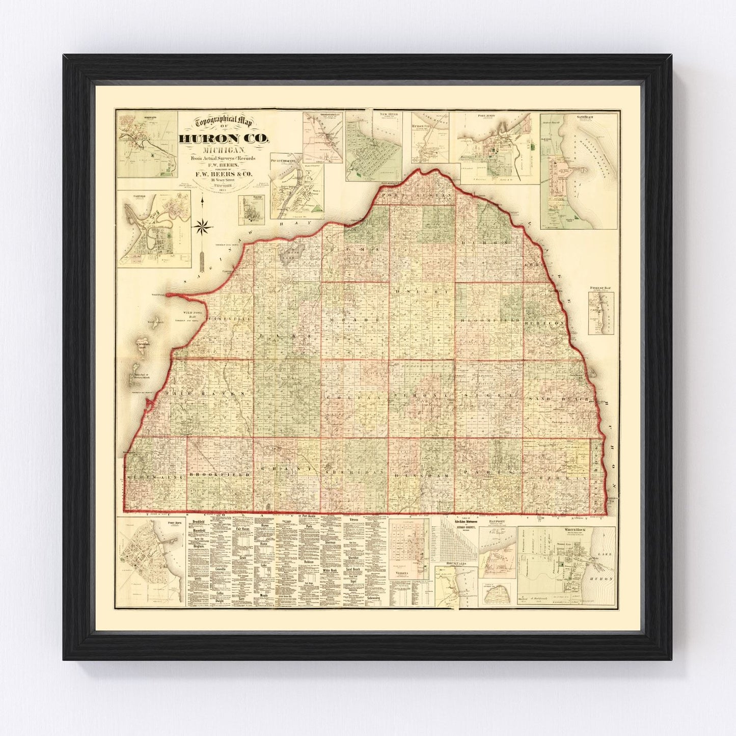Vintage map of Huron County, Michigan, 1875