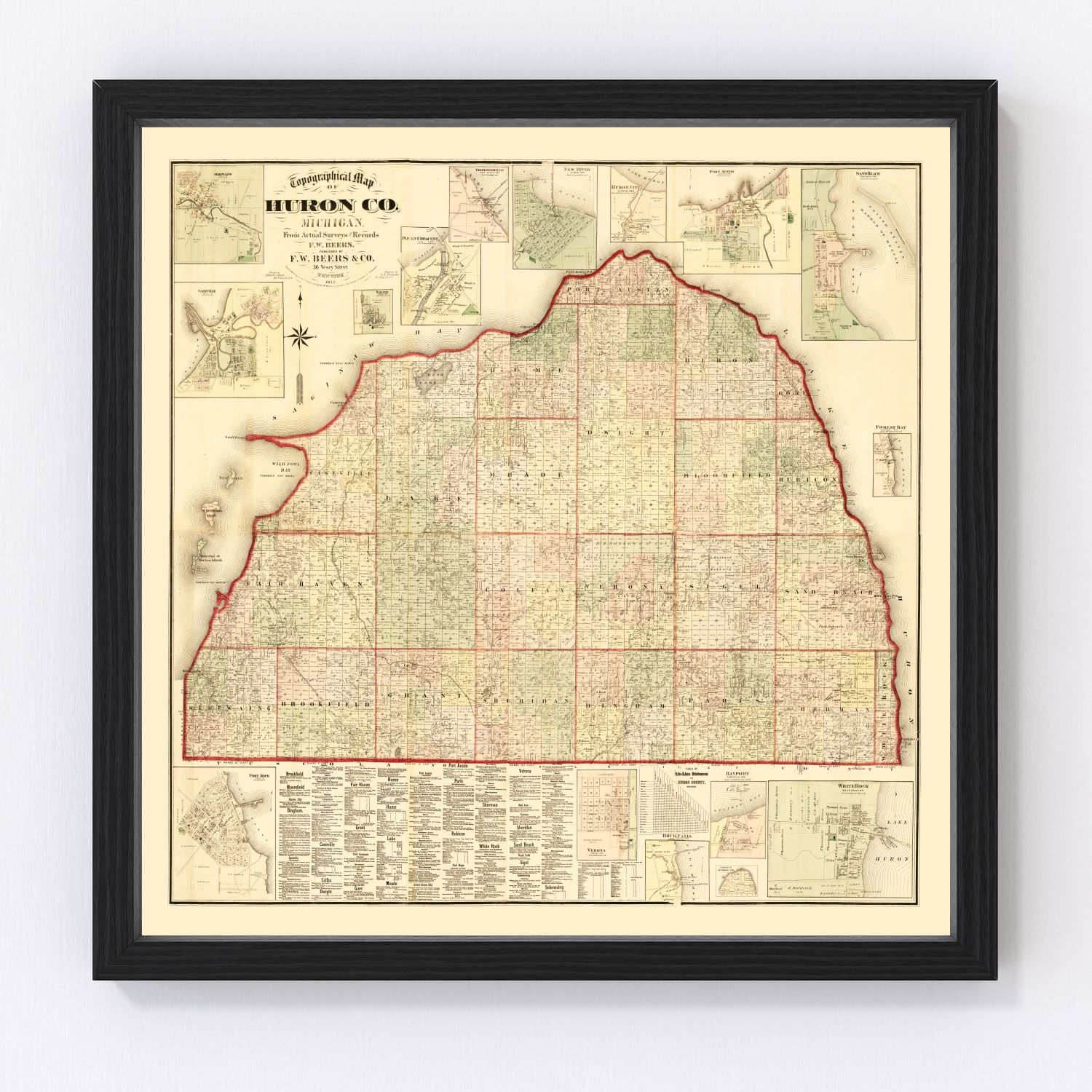 Vintage map of Huron County, Michigan, 1875