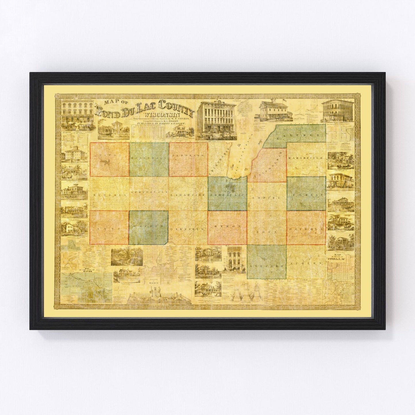 Vintage restored map of Fond du Lac County, Wisconsin, 1858, Lake Winnebago antebellum
