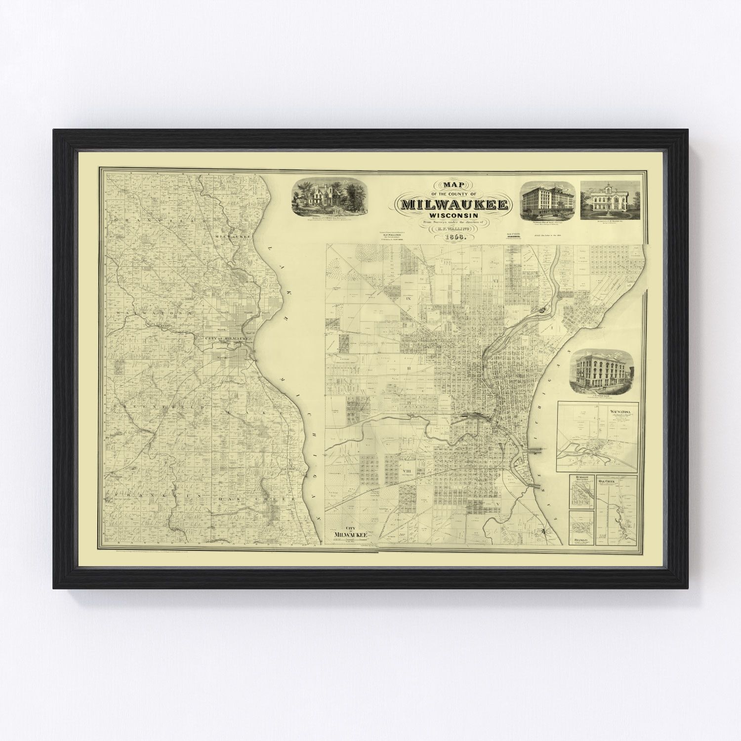 vintage map of Milwaukee County, Wisconsin, 1858