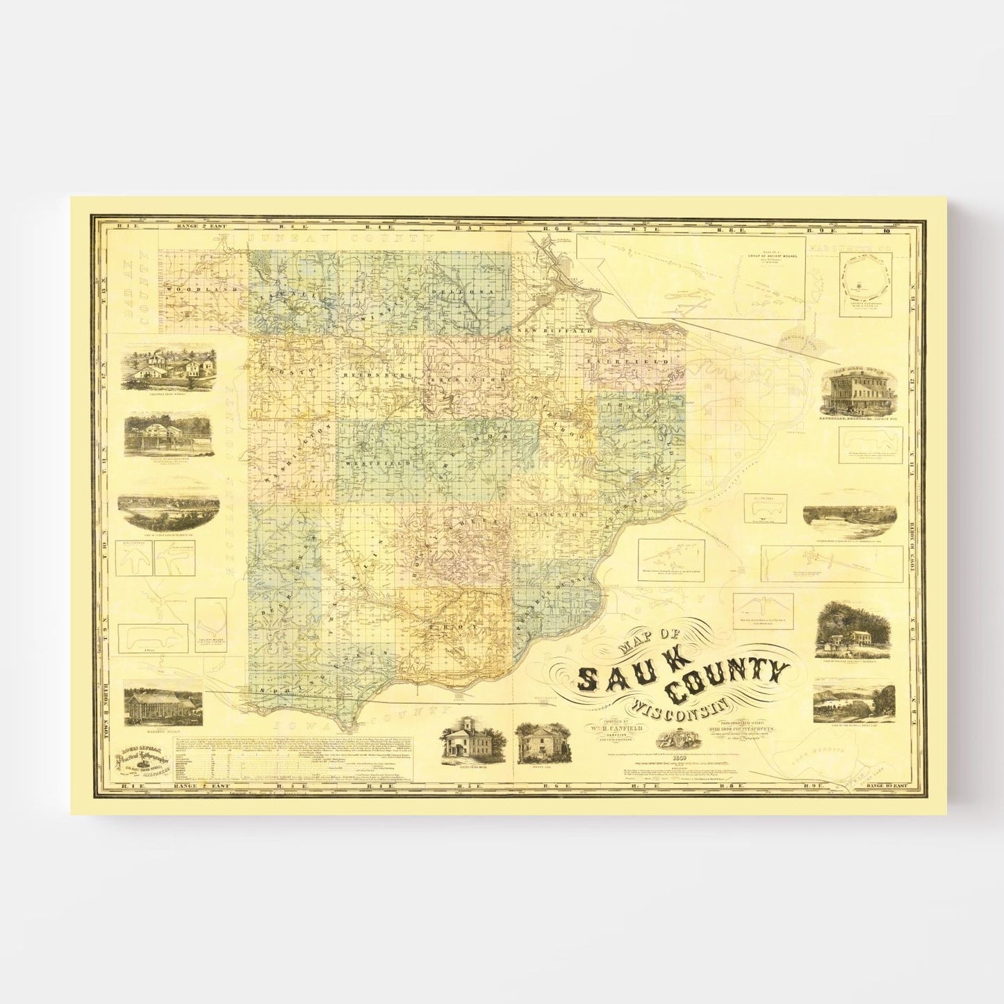 Vintage Map of Sauk County, Wisconsin, 1859