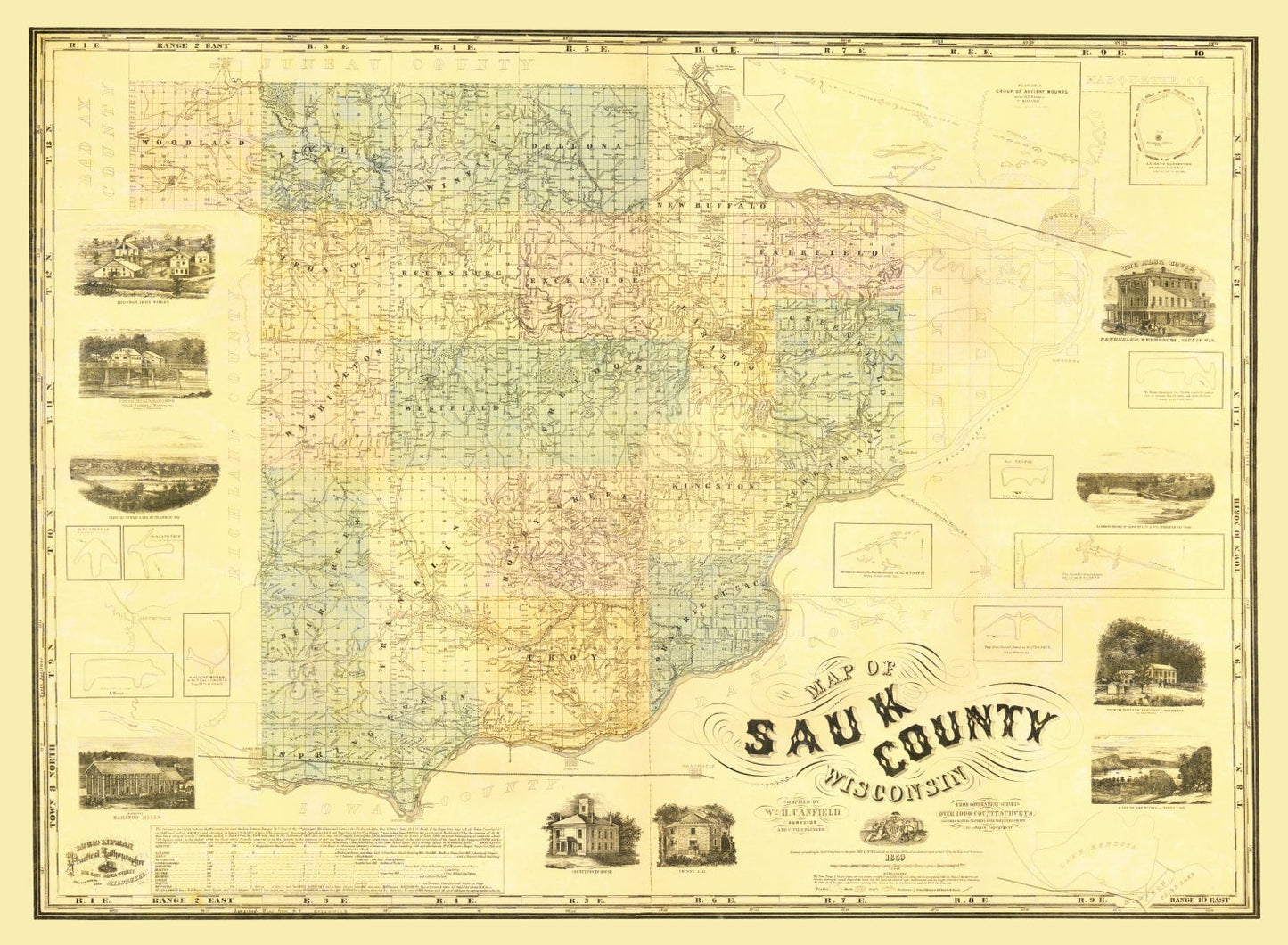 Vintage Map of Sauk County, Wisconsin, 1859