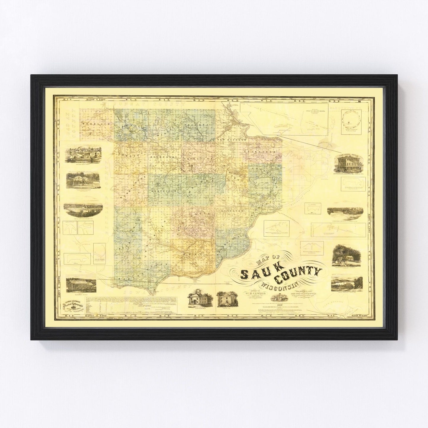 vintage map of Sauk County, Wisconsin, 1859