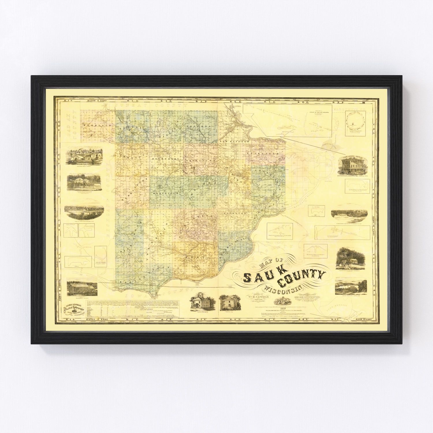 vintage map of Sauk County, Wisconsin, 1859