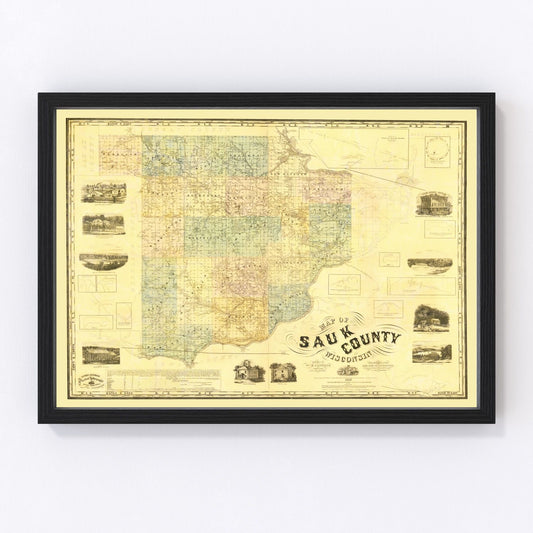 vintage map of Sauk County, Wisconsin, 1859