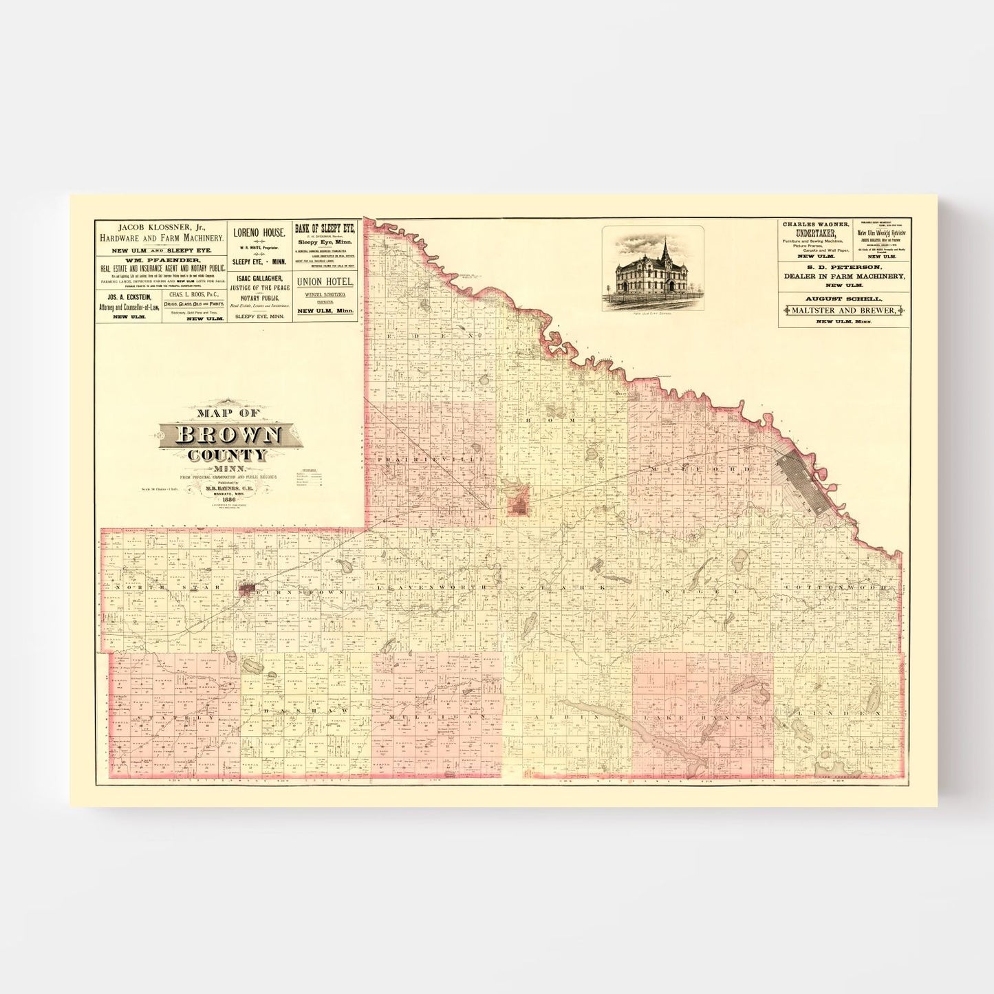 Vintage Map of Brown County, Minnesota 1886 Wall Art