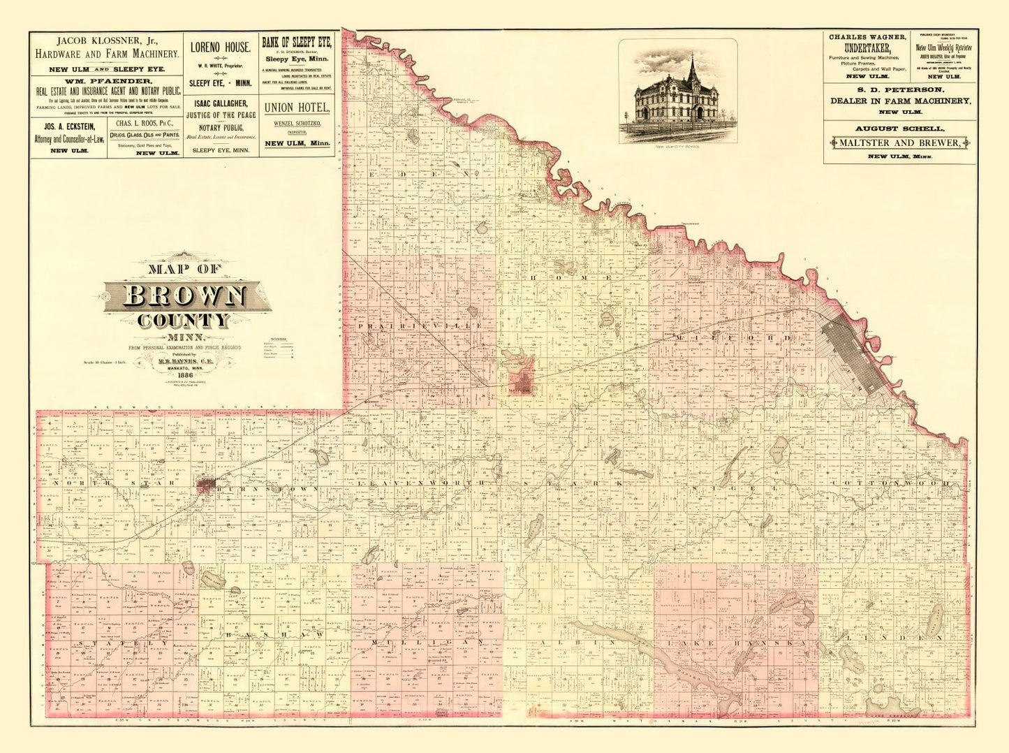 Vintage Map of Brown County, Minnesota 1886 Wall Art
