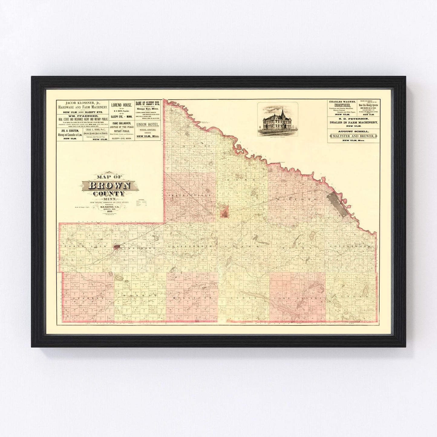 Vintage map of Brown County, Minnesota, 1886 - digitally restored cartographic print