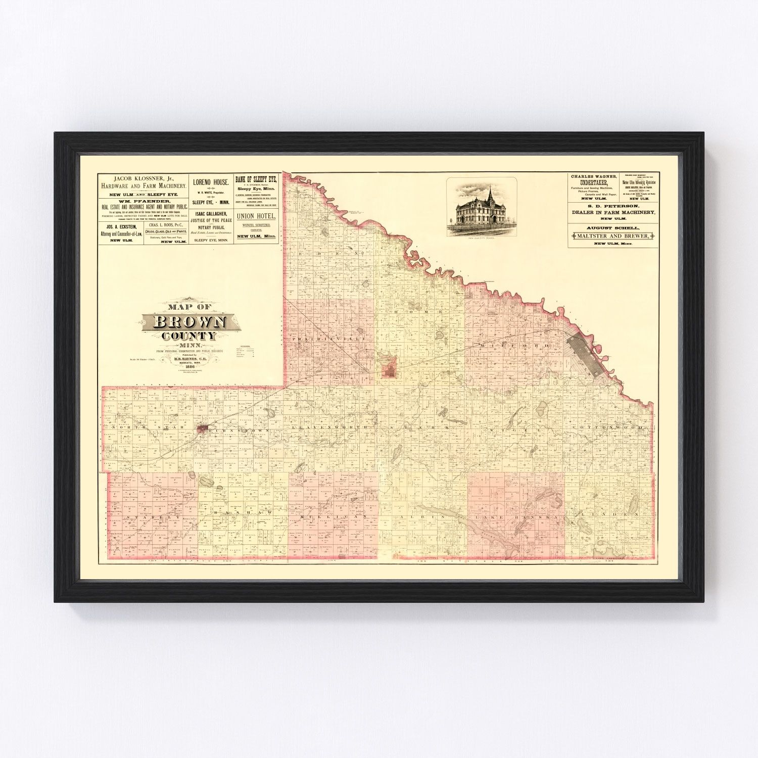 Vintage map of Brown County, Minnesota, 1886 - digitally restored cartographic print