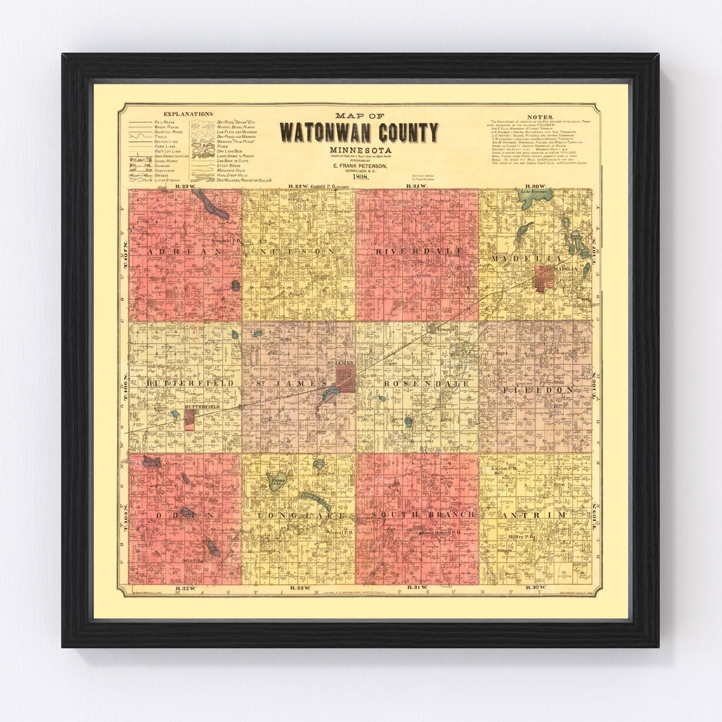 Vintage map of Watonwan County, Minnesota, 1898, prairie townships and rail lines