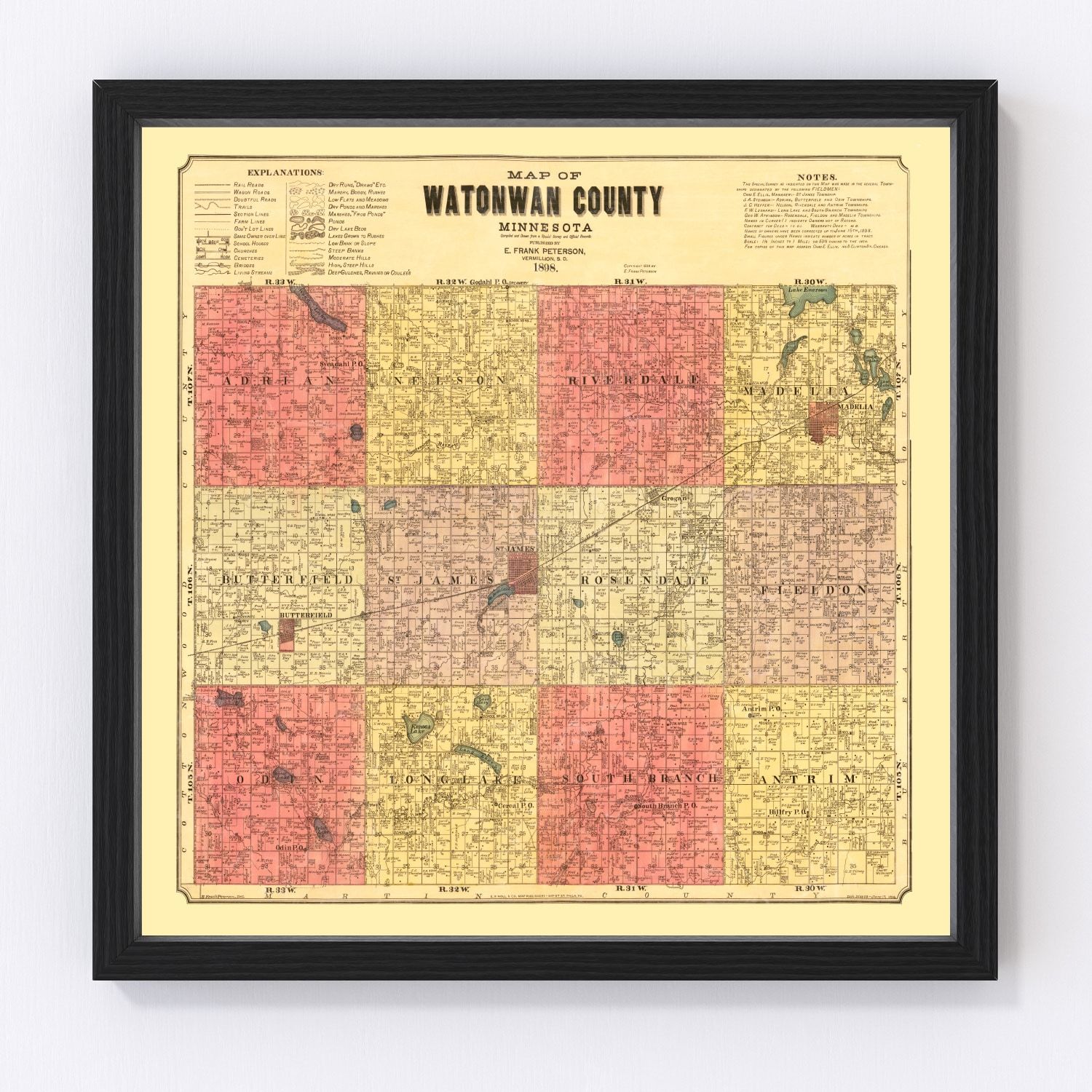 Vintage map of Watonwan County, Minnesota, 1898, prairie townships and rail lines
