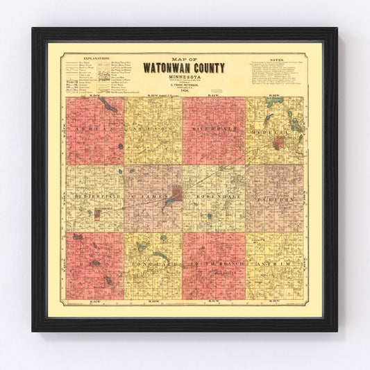 Vintage map of Watonwan County, Minnesota, 1898, prairie townships and rail lines