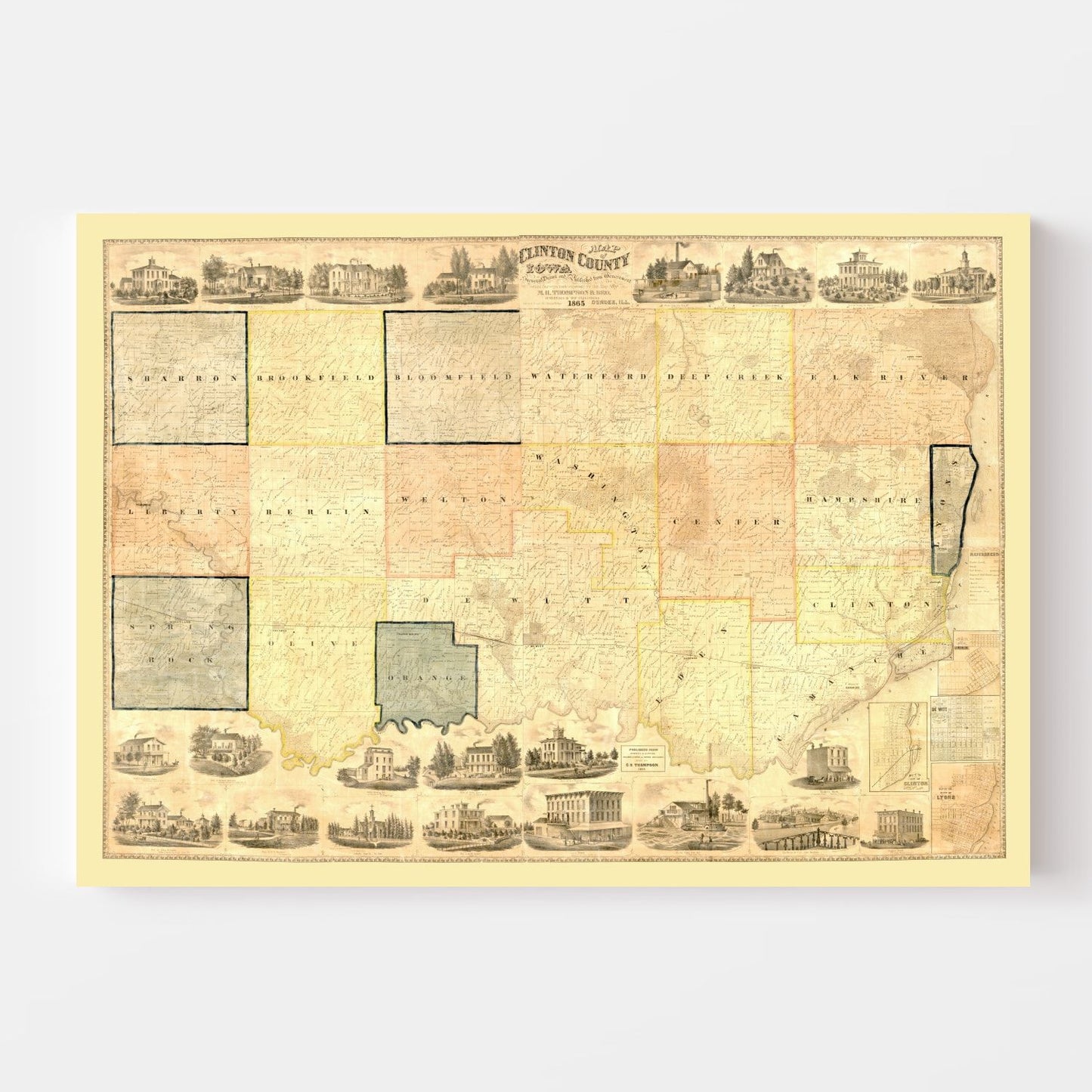 Vintage Map of Clinton County, Iowa, 1865