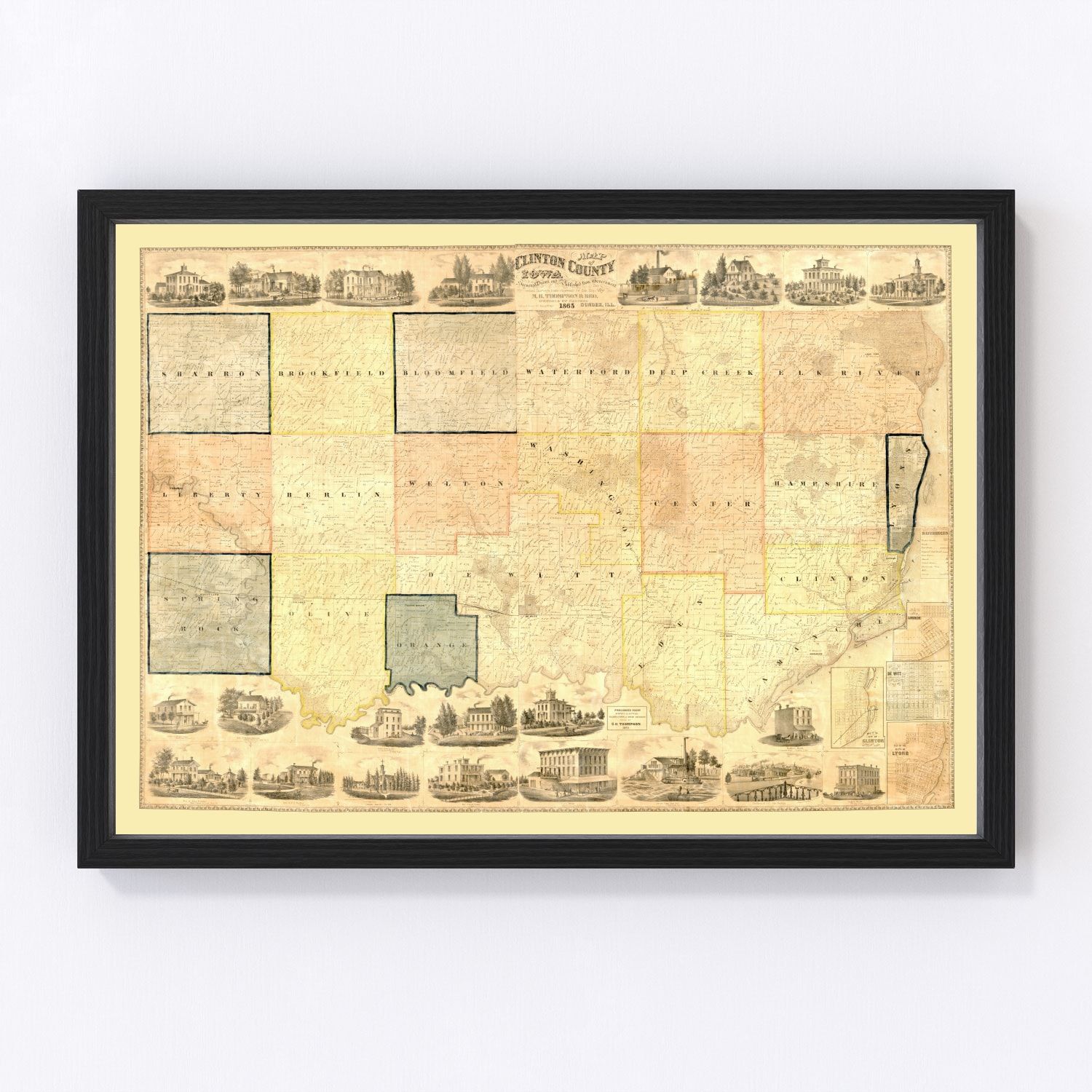 vintage map of Clinton County, Iowa, 1865