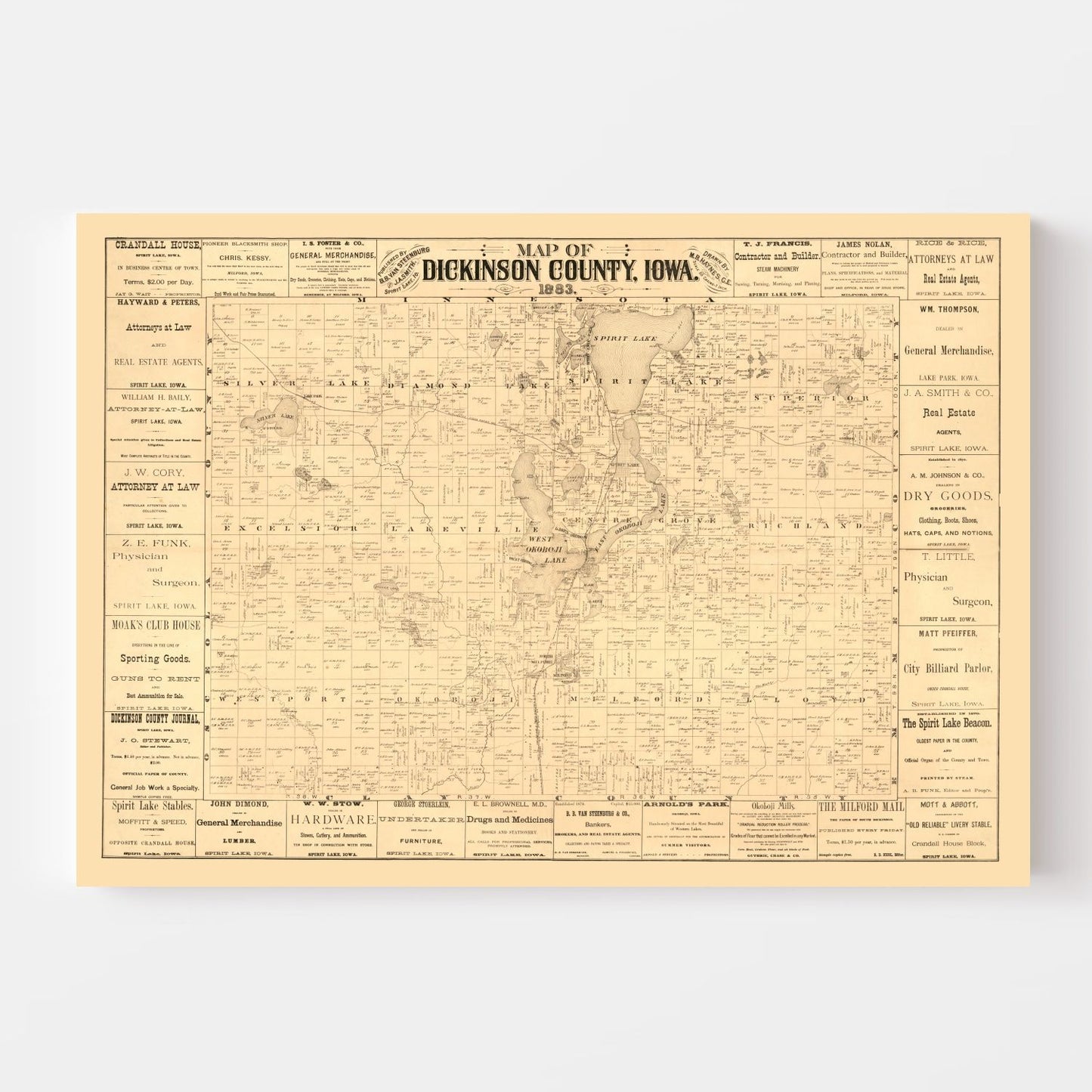 Vintage Map of Dickinson County, Iowa, 1883