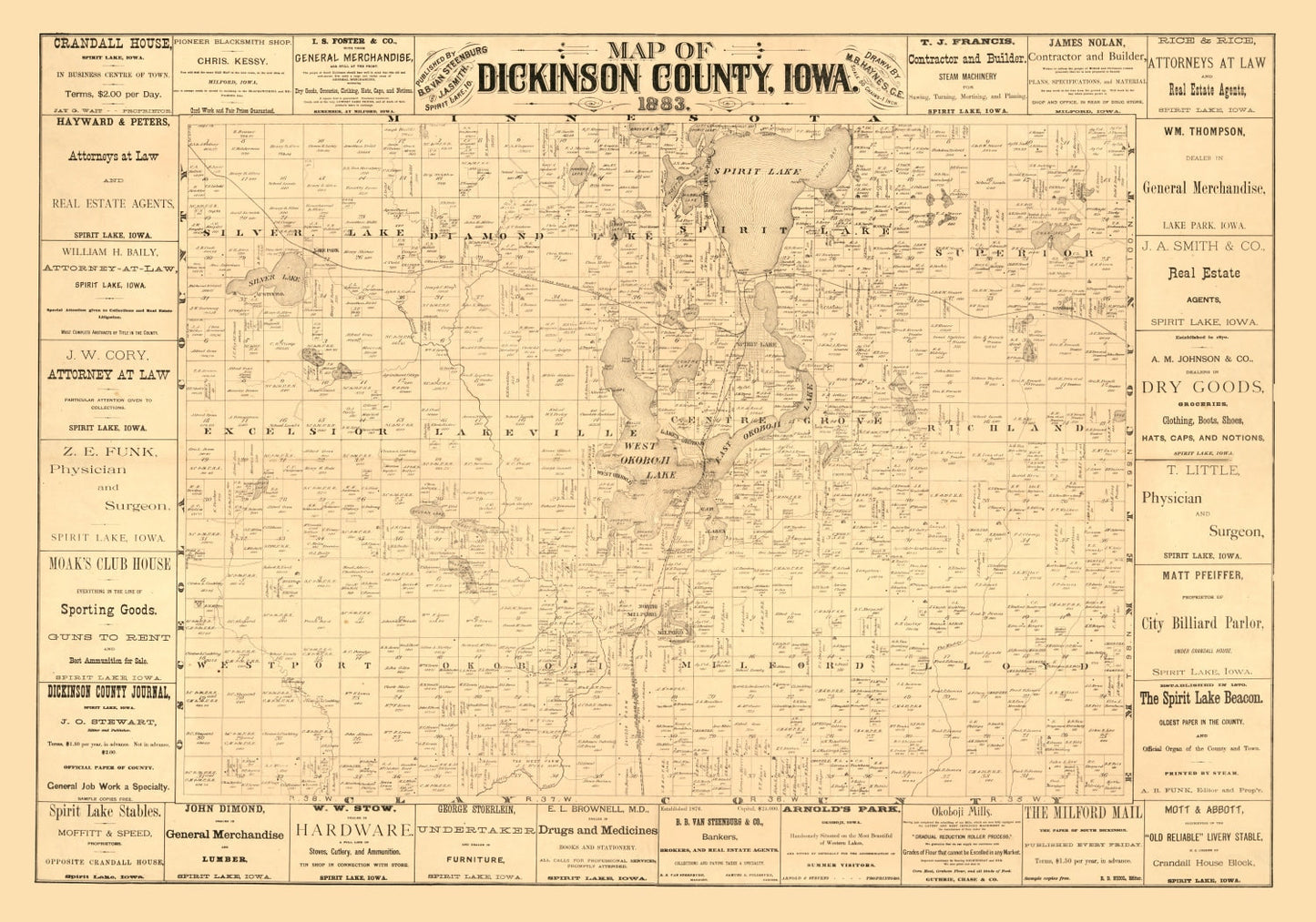 Vintage Map of Dickinson County, Iowa, 1883