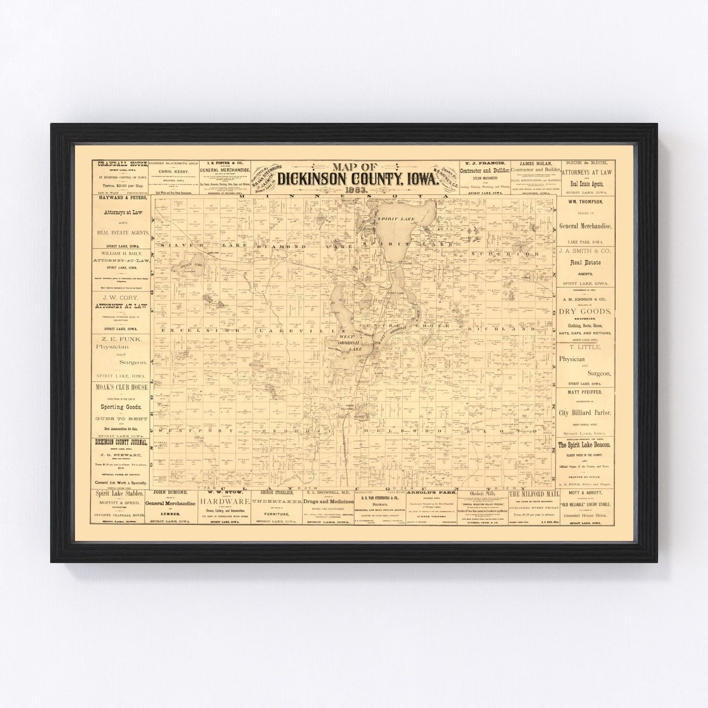 vintage map of Dickinson County, Iowa, 1883