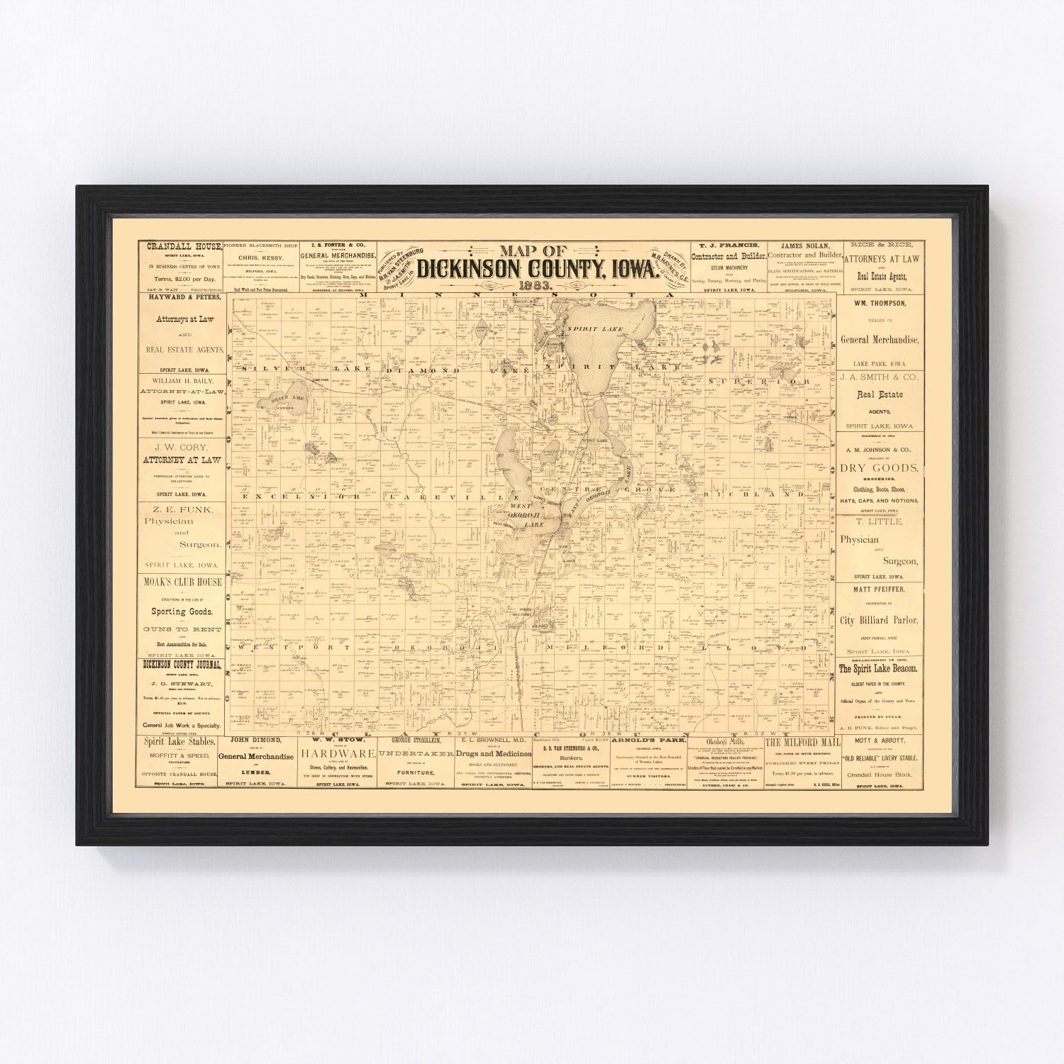 vintage map of Dickinson County, Iowa, 1883