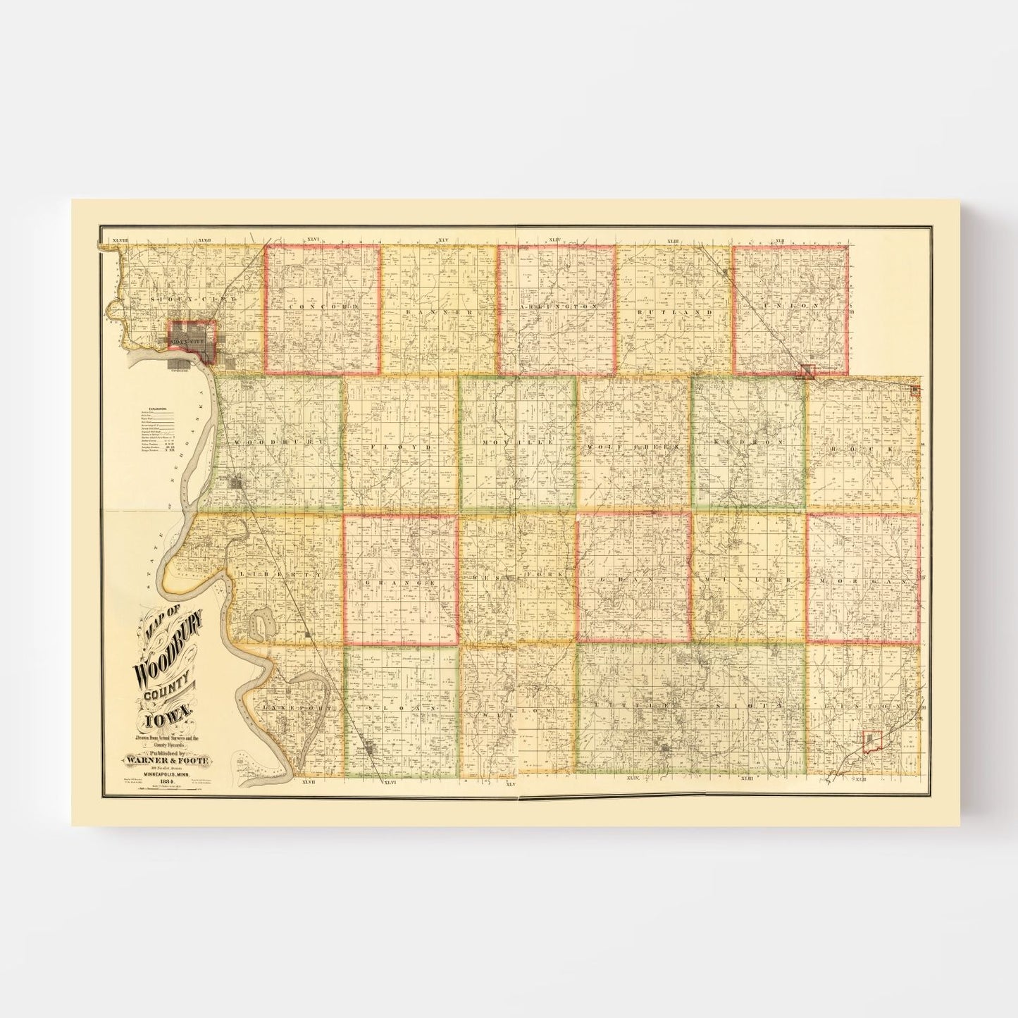 Vintage Map of Woodbury County, Iowa 1884