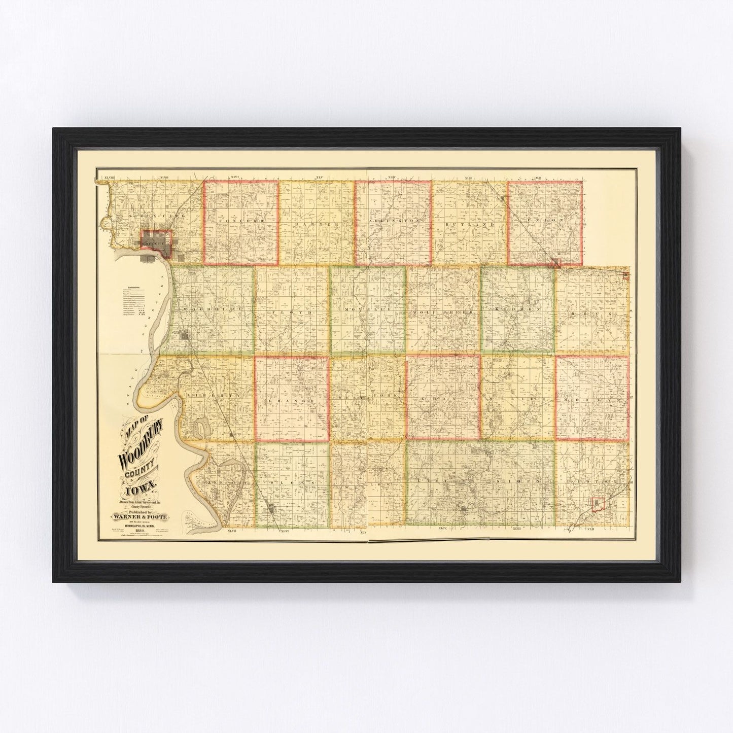 Vintage map of Woodbury County, Iowa, 1884, with Sioux City, digitally restored print