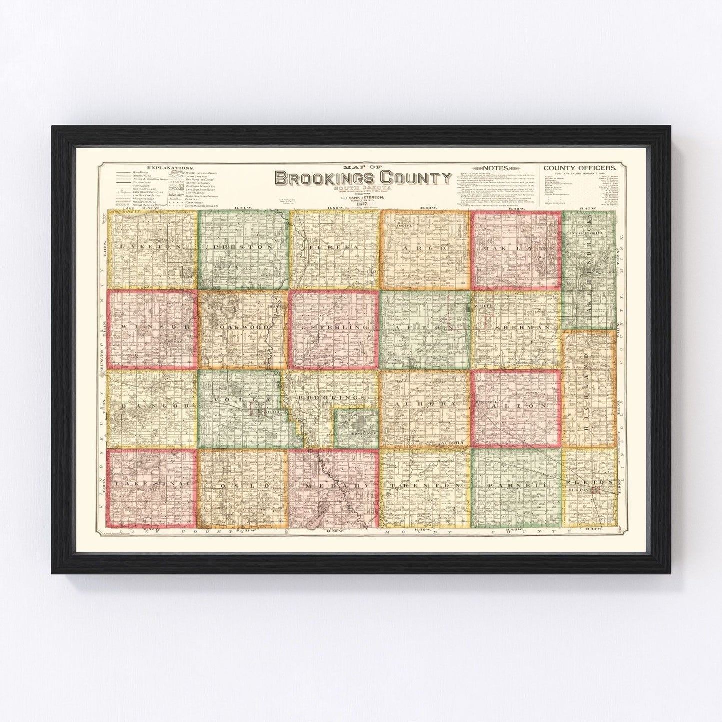 vintage map of Brookings County South Dakota 1897, restored print wall art