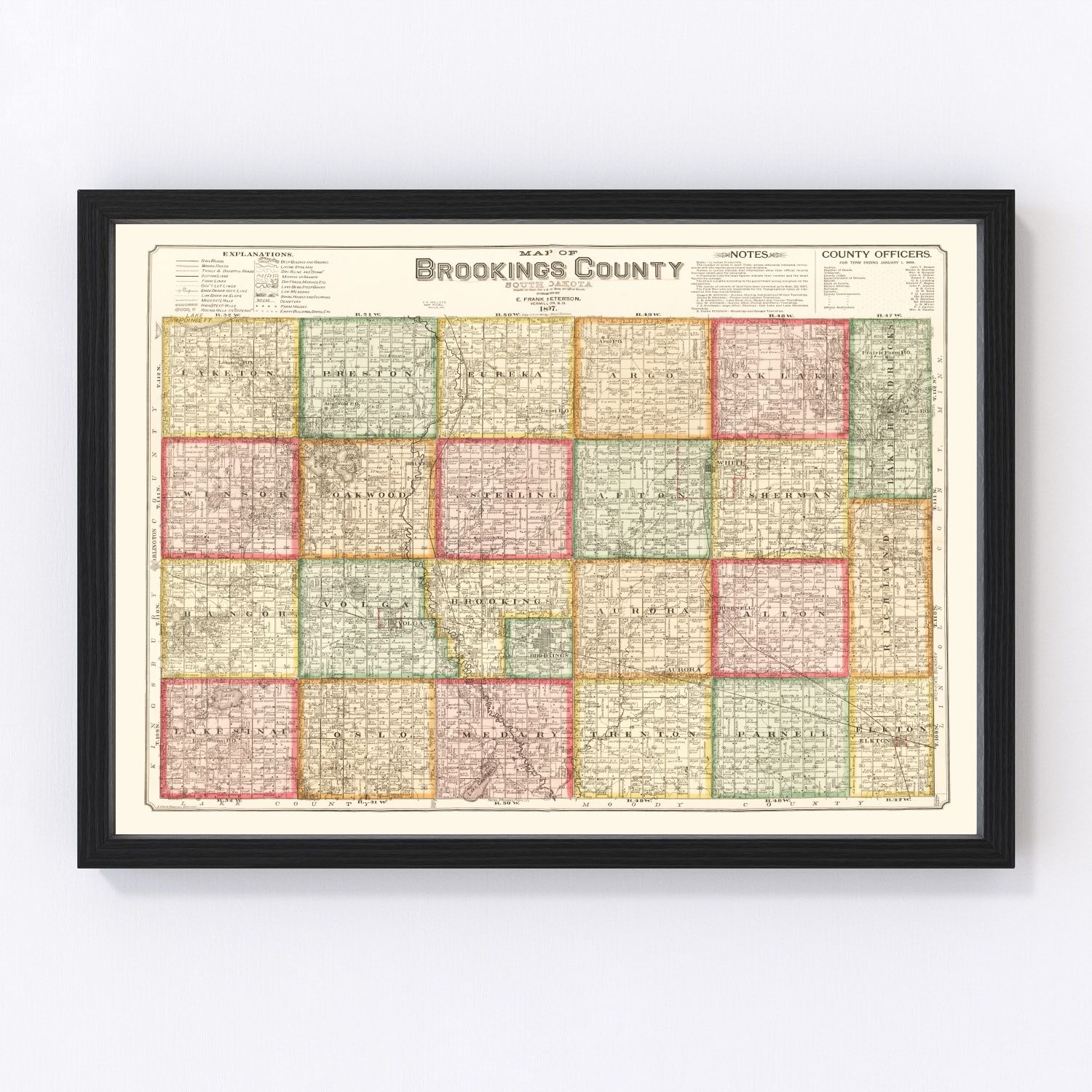 vintage map of Brookings County South Dakota 1897, restored print wall art