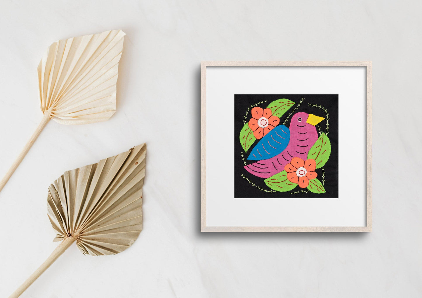 Pink and Blue Seedeater Bird Mola Tapestry Wall Hanging