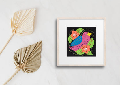Pink and Blue Seedeater Bird Mola Tapestry Wall Hanging