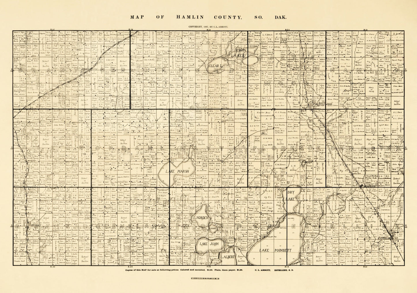 Vintage Map of Hamlin County, South Dakota, 1897