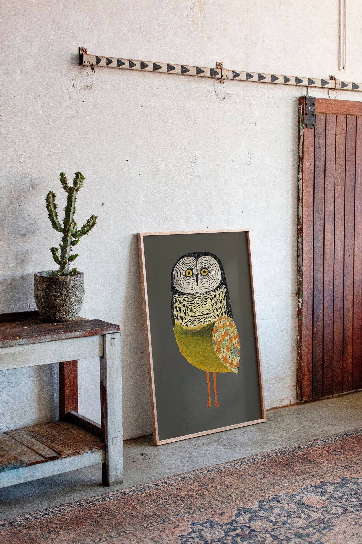 Stylized Owl Wall Art - Golden Feather Bird Print