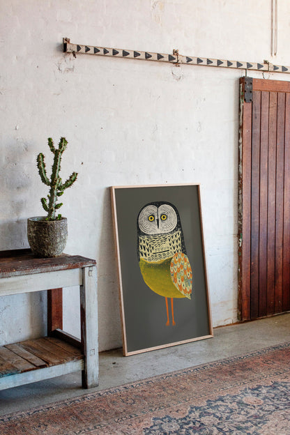 Stylized Owl Wall Art - Golden Feather Bird Print