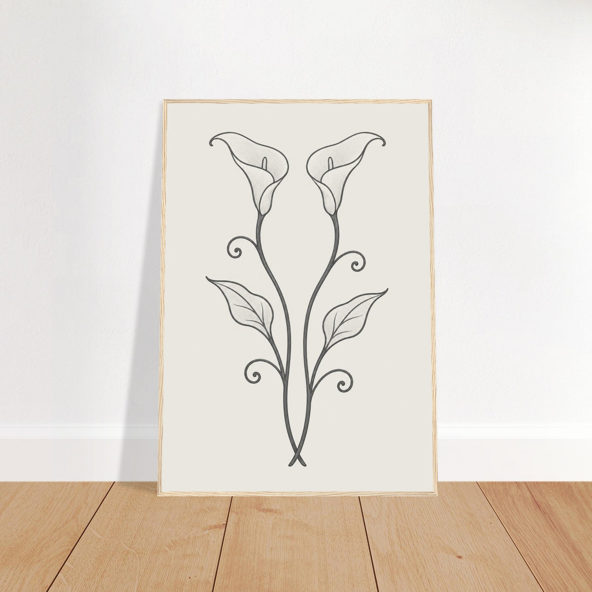 Calla lily wall art drawn like wrought ironwork, framed in natural wood