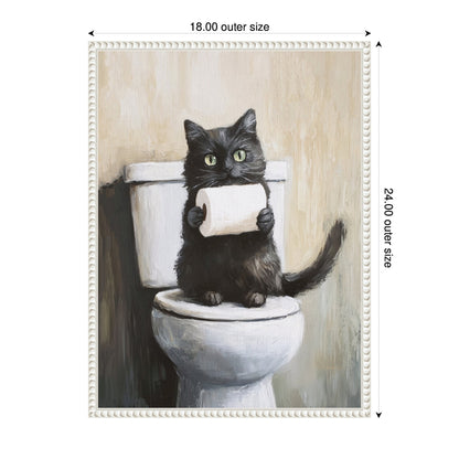 Mischievous Black Cat Bathroom Framed Canvas
