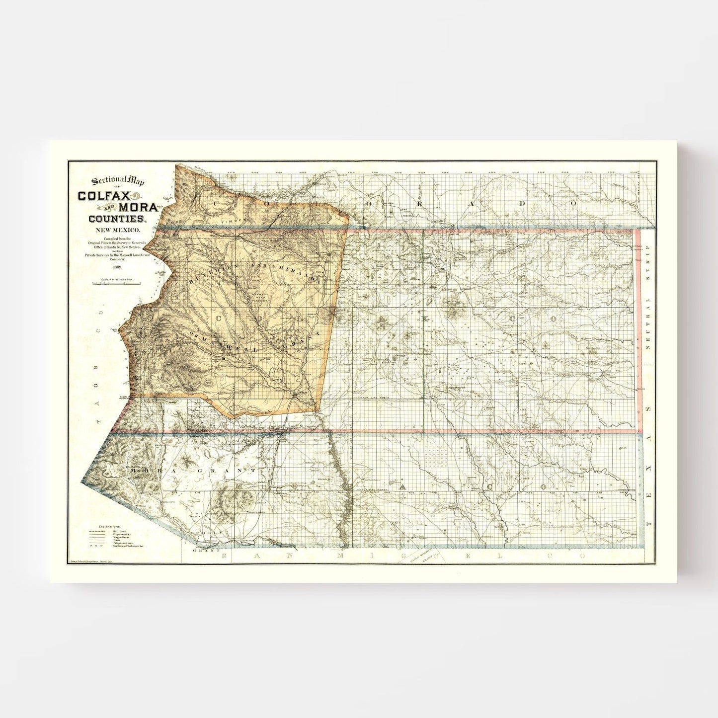 Vintage Map of Colfax County, New Mexico 1889