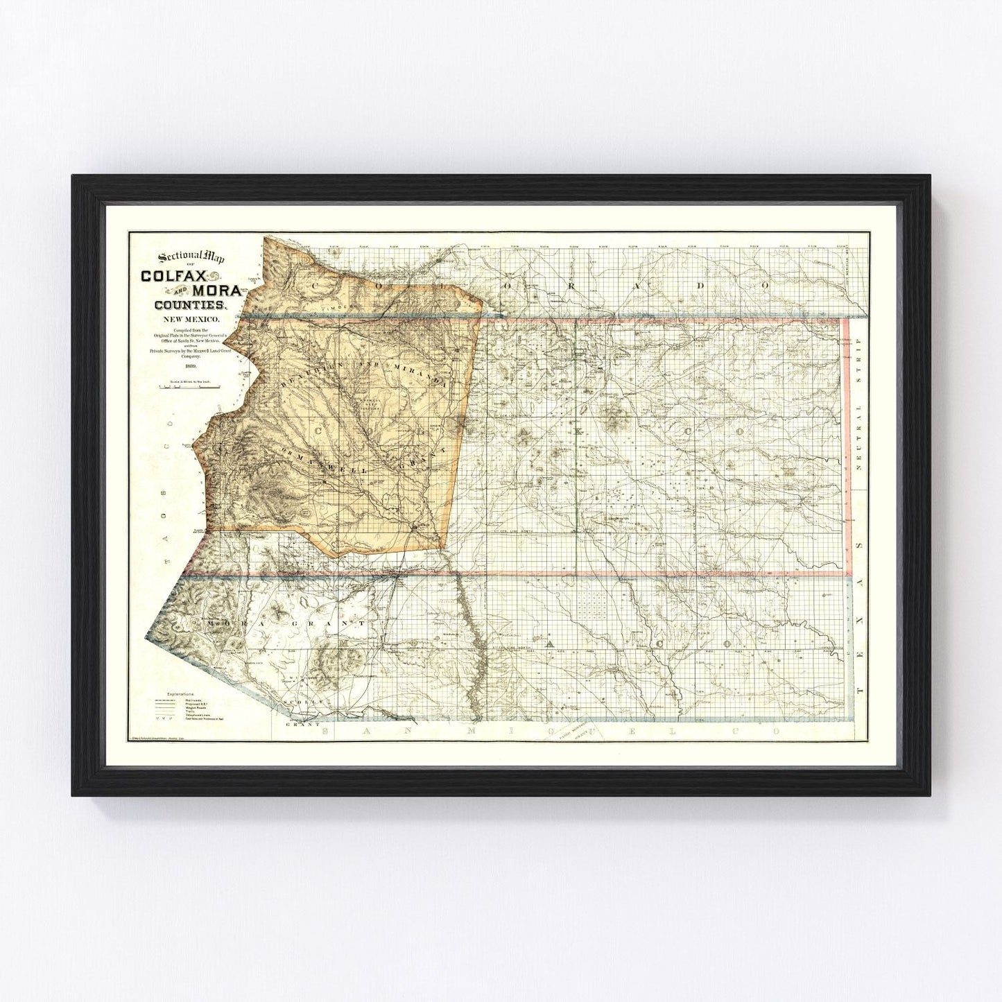 Vintage map of Colfax County, New Mexico, 1889