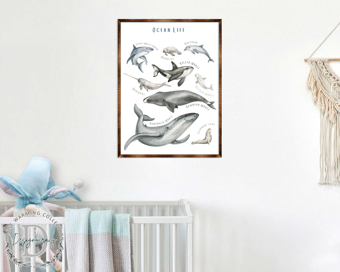 Ocean Animals Wooden Kids Room Wall Art Poster