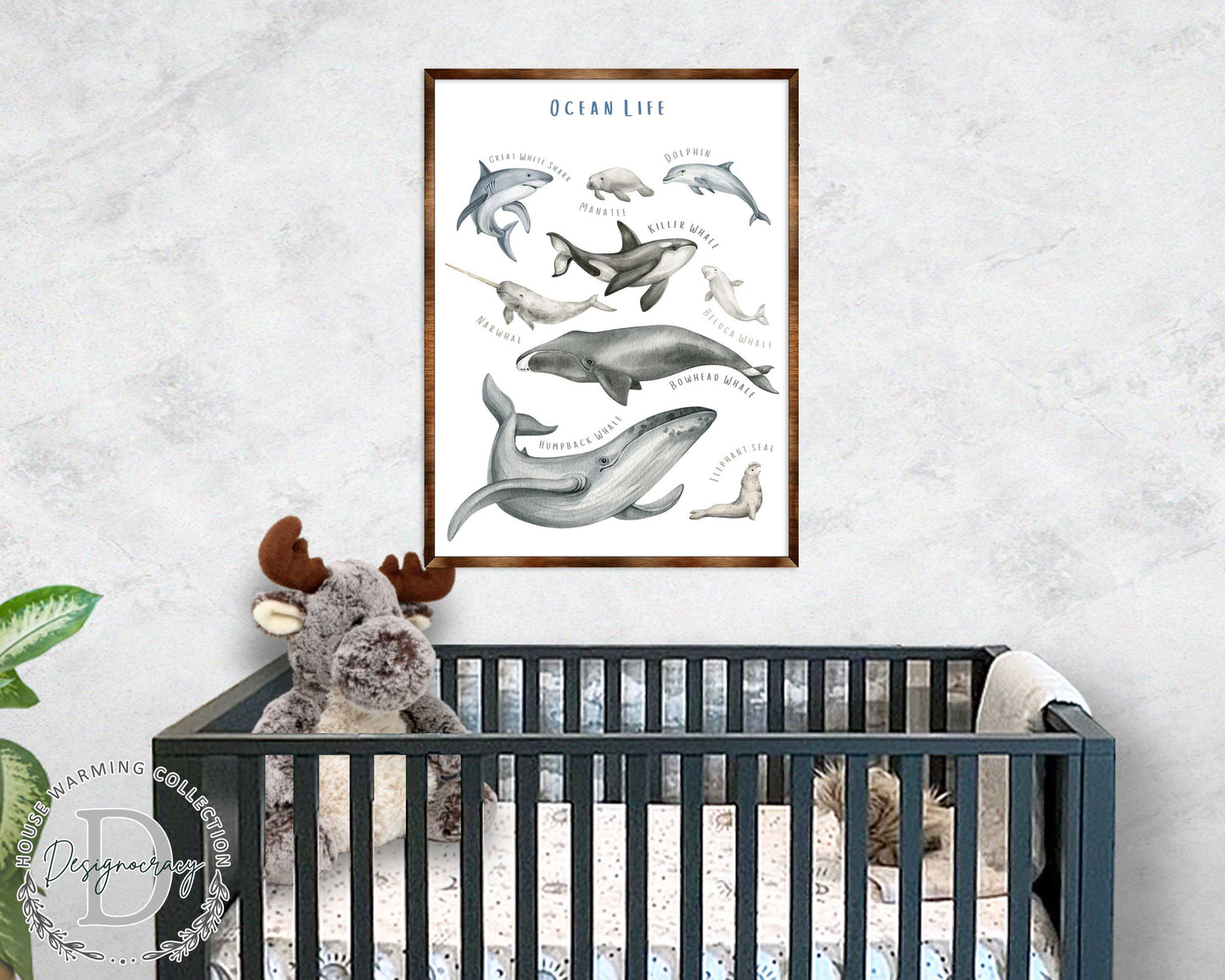 Ocean Animals Wooden Kids Room Wall Art Poster
