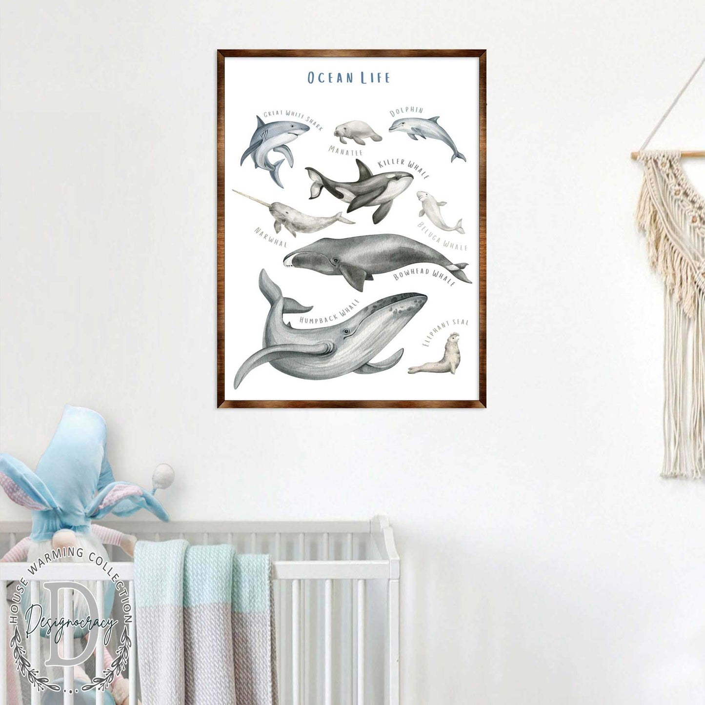 Ocean Animals Wooden Kids Room Wall Art Poster