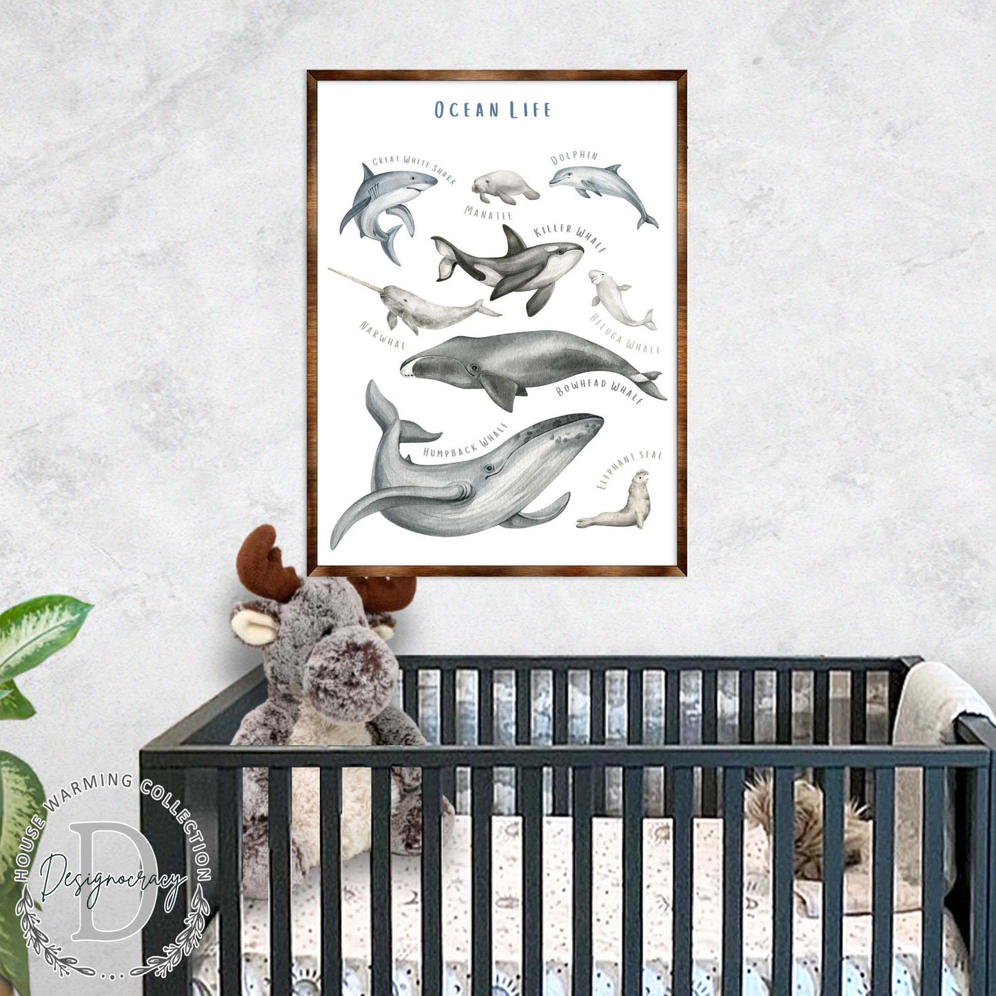 Ocean Animals Wooden Kids Room Wall Art Poster