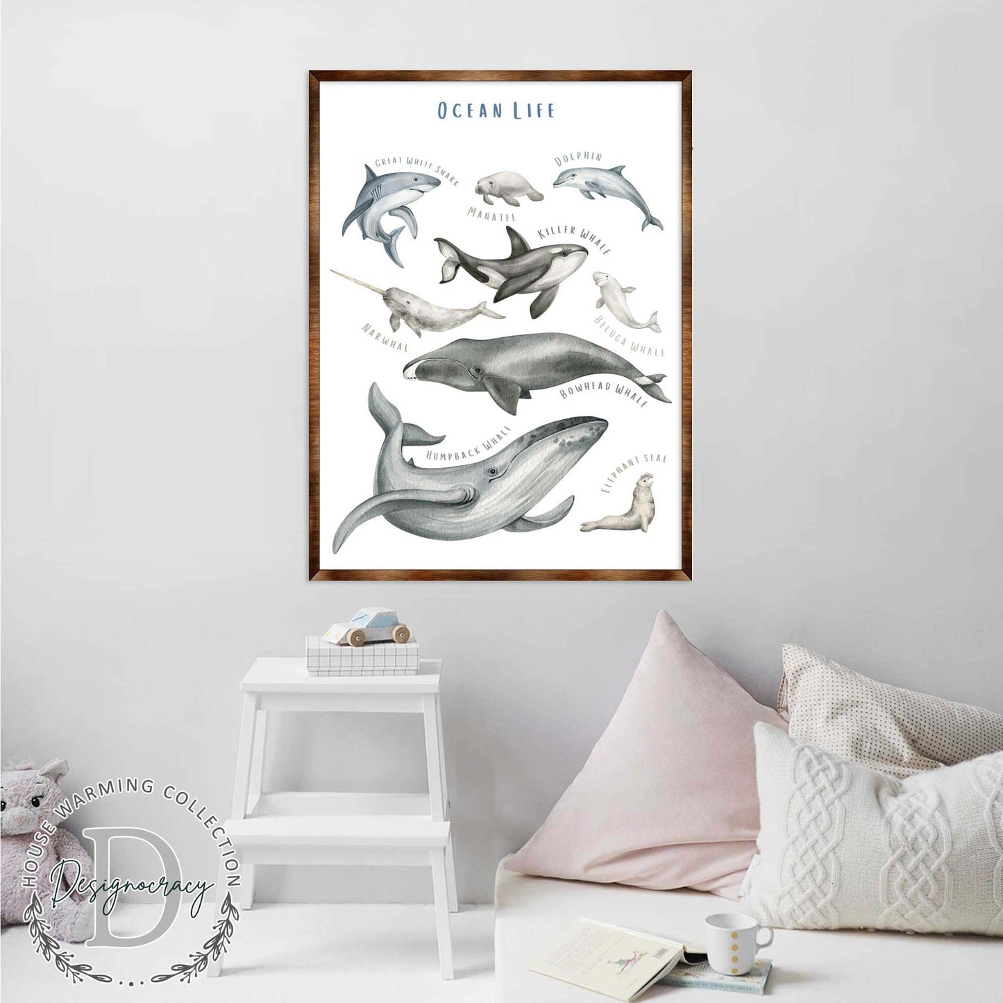 Ocean Animals Wooden Kids Room Wall Art Poster