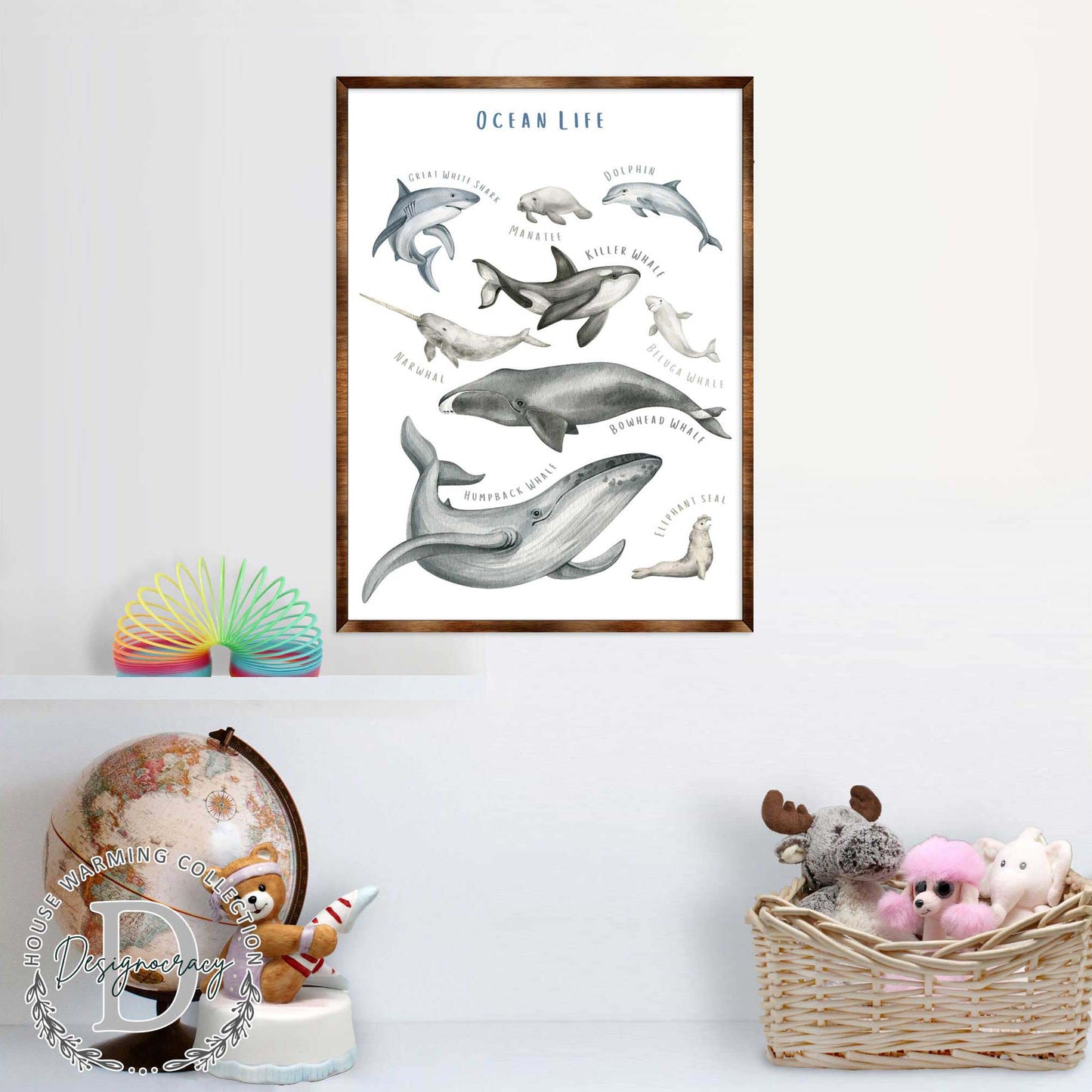 Ocean Animals Wooden Kids Room Wall Art Poster