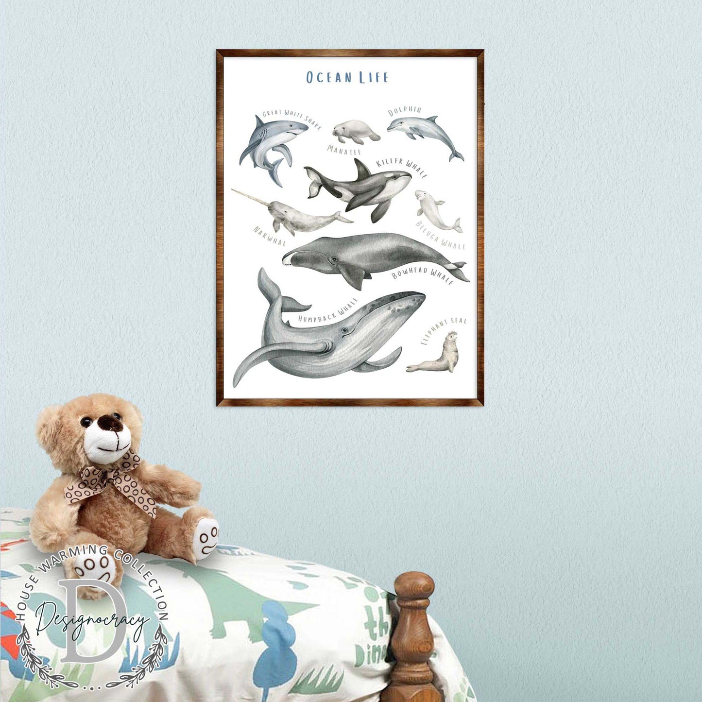 Ocean Animals Wooden Kids Room Wall Art Poster