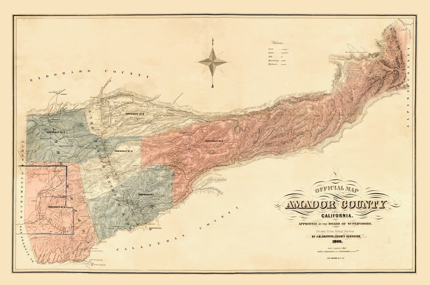 Vintage Map of Amador County, California, 1866